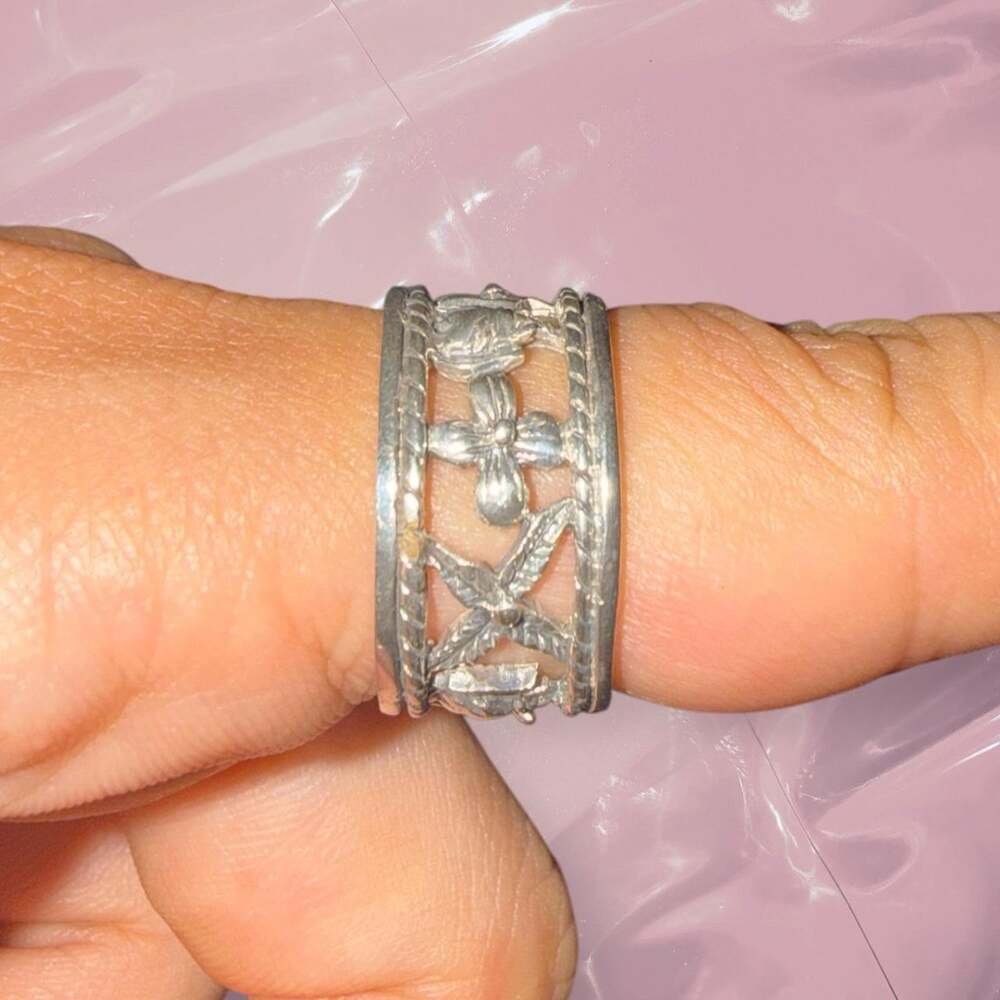 Vintage Y2K Tropical Elephant Flower Leaf Ring 925 Sterling Silver Size 6